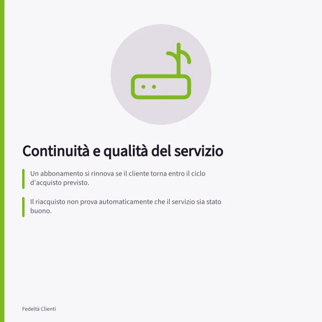 Continuità e qualità del servizio: Un abbonamento si rinnova se il cliente torna entro il ciclo d'acquisto previsto.; Il riacquisto non prova automaticamente che il servizio sia stato buono.; Confrontare clienti con e senza problemi documentati migliora l'analisi. Collegare continuità d'acquisto e qualità del servizio