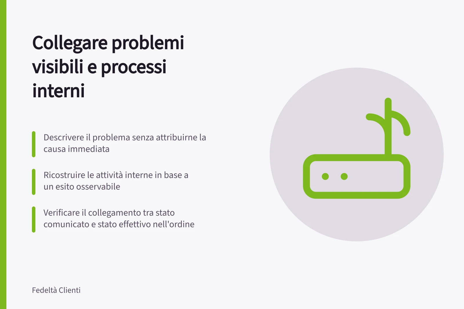 Collegare problemi visibili e processi interni: Descrivere il problema senza attribuirne la causa immediata; Ricostruire le attività interne in base a un esito osservabile; Verificare il collegamento tra stato comunicato e stato effettivo nell'ordine