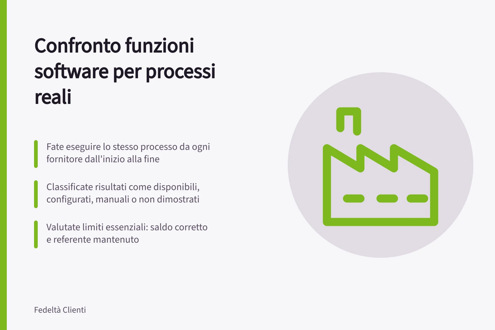 Confronto funzioni software per processi reali: Fate eseguire lo stesso processo da ogni fornitore dall'inizio alla fine; Classificate risultati come disponibili, configurati, manuali o non dimostrati; Valutate limiti essenziali: saldo corretto e referente mantenuto