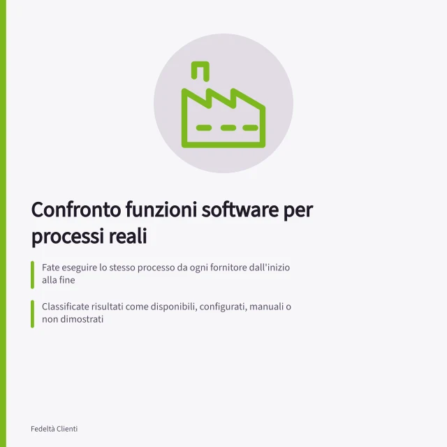 Confronto funzioni software per processi reali: Fate eseguire lo stesso processo da ogni fornitore dall'inizio alla fine; Classificate risultati come disponibili, configurati, manuali o non dimostrati; Valutate limiti essenziali: saldo corretto e referente mantenuto. Confrontare funzioni software sulla base dei processi reali