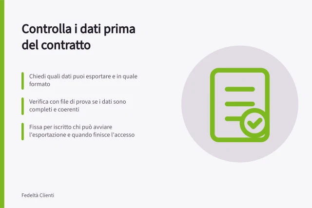 Controlla i dati prima del contratto: Chiedi quali dati puoi esportare e in quale formato; Verifica con file di prova se i dati sono completi e coerenti; Fissa per iscritto chi può avviare l'esportazione e quando finisce l'accesso. Controllare esportazioni prima del contratto