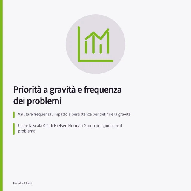 Priorità a gravità e frequenza dei problemi: Valutare frequenza, impatto e persistenza per definire la gravità; Usare la scala 0-4 di Nielsen Norman Group per giudicare il problema; Contare casi, persone e occasioni osservabili con precisione. Dare priorità a gravità e frequenza dei problemi
