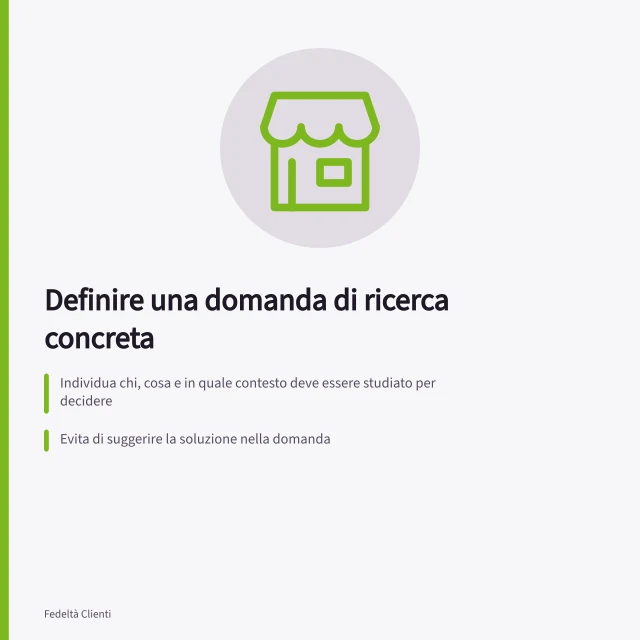 Definire una domanda di ricerca concreta: Individua chi, cosa e in quale contesto deve essere studiato per decidere; Evita di suggerire la soluzione nella domanda; Osserva segnali osservabili come azioni e spiegazioni dopo il compito. Definire una domanda di ricerca concreta