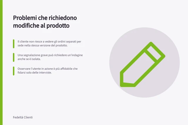 Problemi che richiedono modifiche al prodotto: Il cliente non riesce a vedere gli ordini separati per sede nella stessa versione del prodotto.; Una segnalazione grave può richiedere un'indagine anche se è isolata.; Osservare l'utente in azione è più affidabile che fidarsi solo delle interviste. Identificare problemi che richiedono una modifica del prodotto