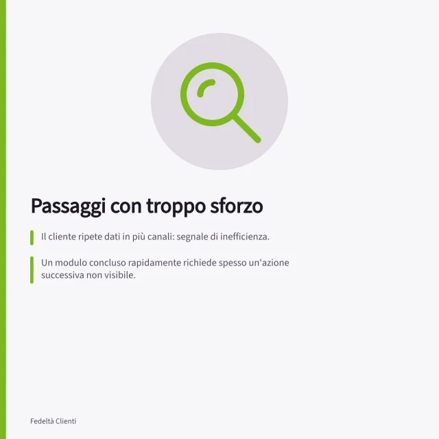 Passaggi con troppo sforzo: Il cliente ripete dati in più canali: segnale di inefficienza.; Un modulo concluso rapidamente richiede spesso un'azione successiva non visibile.; I tempi medi brevi possono nascondere casi estremi con alti ritardi. Individuare passaggi che richiedono troppo sforzo