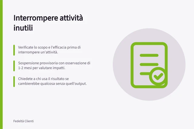 Interrompere attività inutili: Verificate lo scopo e l'efficacia prima di interrompere un'attività.; Sospensione provvisoria con osservazione di 1-2 mesi per valutare impatti.; Chiedete a chi usa il risultato se cambierebbe qualcosa senza quell'output. Interrompere attività che non aiutano clienti né impresa