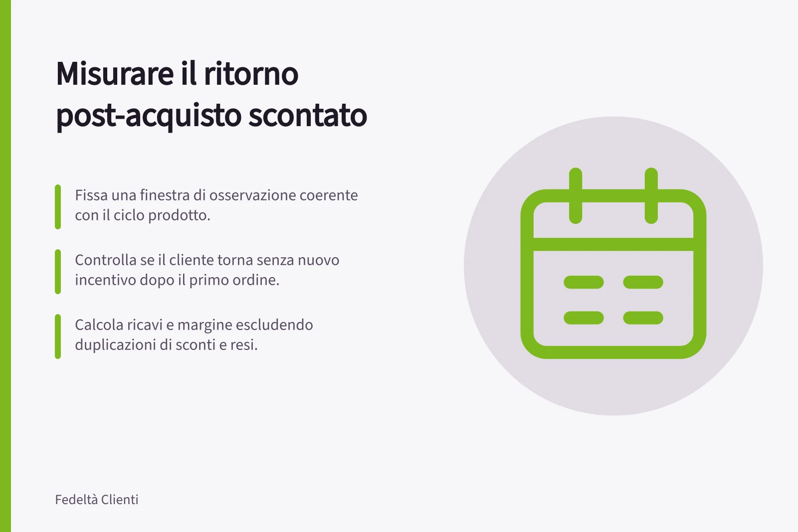Misurare il ritorno post-acquisto scontato: Fissa una finestra di osservazione coerente con il ciclo prodotto.; Controlla se il cliente torna senza nuovo incentivo dopo il primo ordine.; Calcola ricavi e margine escludendo duplicazioni di sconti e resi.