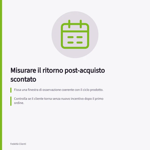 Misurare il ritorno post-acquisto scontato: Fissa una finestra di osservazione coerente con il ciclo prodotto.; Controlla se il cliente torna senza nuovo incentivo dopo il primo ordine.; Calcola ricavi e margine escludendo duplicazioni di sconti e resi. Misurare il ritorno oltre il primo acquisto scontato