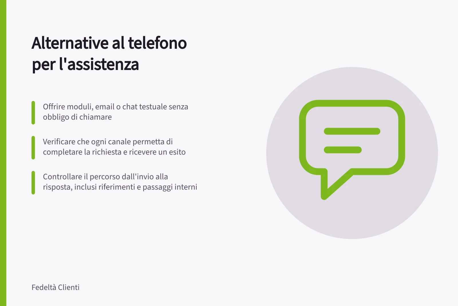 Alternative al telefono per l'assistenza: Offrire moduli, email o chat testuale senza obbligo di chiamare; Verificare che ogni canale permetta di completare la richiesta e ricevere un esito; Controllare il percorso dall'invio alla risposta, inclusi riferimenti e passaggi interni
