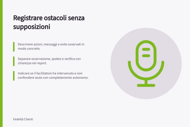 Registrare ostacoli senza supposizioni: Descrivere azioni, messaggi e esito osservati in modo concreto.; Separare osservazione, ipotesi e verifica con chiarezza nei report.; Indicare se il facilitatore ha intervenuto e non confondere aiuto con completamento autonomo. Registrare ostacoli osservati senza fare supposizioni
