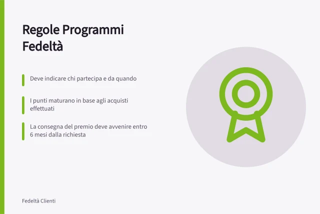 Regole Programmi Fedeltà: Deve indicare chi partecipa e da quando; I punti maturano in base agli acquisti effettuati; La consegna del premio deve avvenire entro 6 mesi dalla richiesta. Regole dei programmi fedeltà