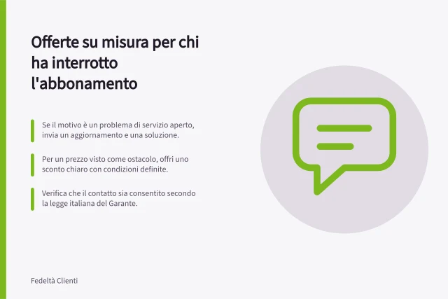 Offerte su misura per chi ha interrotto l'abbonamento: Se il motivo è un problema di servizio aperto, invia un aggiornamento e una soluzione.; Per un prezzo visto come ostacolo, offri uno sconto chiaro con condizioni definite.; Verifica che il contatto sia consentito secondo la legge italiana del Garante. Scegliere un'offerta in base al motivo dell'abbandono