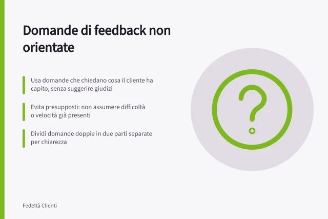 Domande di feedback non orientate: Usa domande che chiedano cosa il cliente ha capito, senza suggerire giudizi; Evita presupposti: non assumere difficoltà o velocità già presenti; Dividi domande doppie in due parti separate per chiarezza. Scrivere domande non orientate
