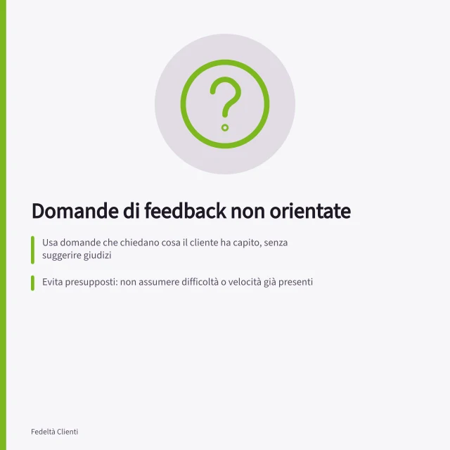 Domande di feedback non orientate: Usa domande che chiedano cosa il cliente ha capito, senza suggerire giudizi; Evita presupposti: non assumere difficoltà o velocità già presenti; Dividi domande doppie in due parti separate per chiarezza. Scrivere domande non orientate