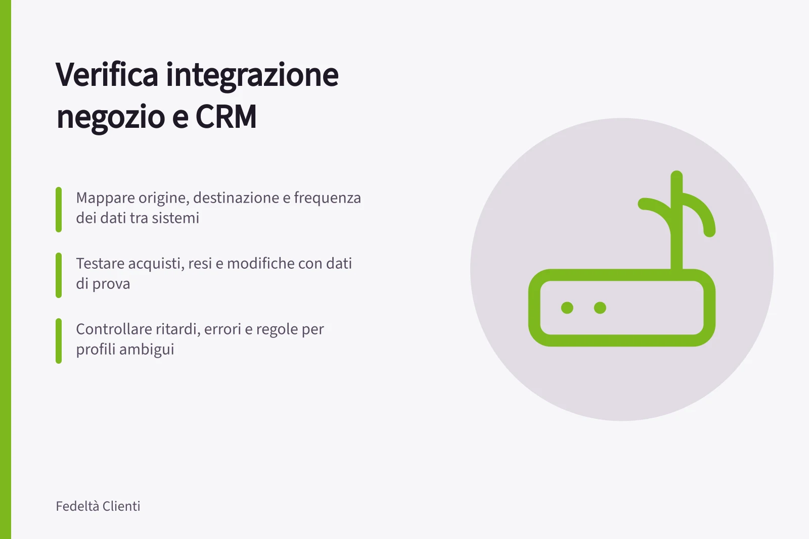 Verifica integrazione negozio e CRM: Mappare origine, destinazione e frequenza dei dati tra sistemi; Testare acquisti, resi e modifiche con dati di prova; Controllare ritardi, errori e regole per profili ambigui