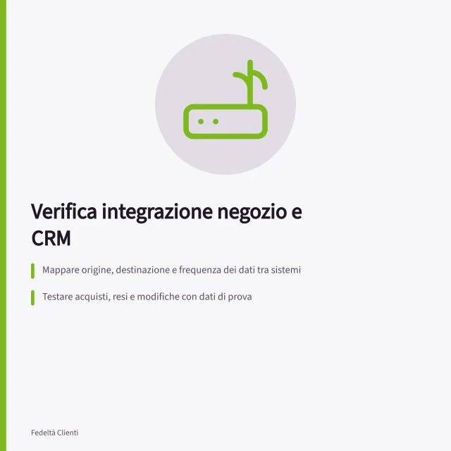 Verifica integrazione negozio e CRM: Mappare origine, destinazione e frequenza dei dati tra sistemi; Testare acquisti, resi e modifiche con dati di prova; Controllare ritardi, errori e regole per profili ambigui. Testare integrazioni con negozio e CRM