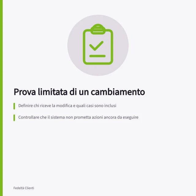 Prova limitata di un cambiamento: Definire chi riceve la modifica e quali casi sono inclusi; Controllare che il sistema non prometta azioni ancora da eseguire; Valutare l'esito con controlli osservabili, non risultati già ottenuti. Testare un cambiamento su un gruppo limitato