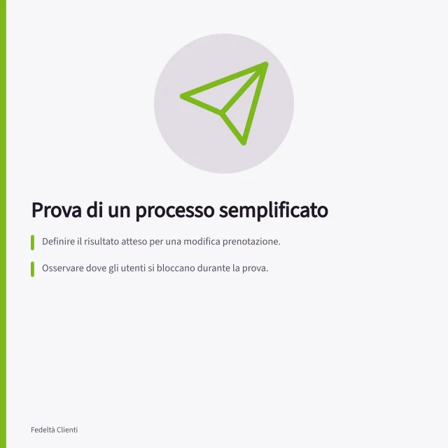 Prova di un processo semplificato: Definire il risultato atteso per una modifica prenotazione.; Osservare dove gli utenti si bloccano durante la prova.; Verificare che la conferma finale sia chiara e arrivata al referente giusto. Testare un processo semplificato