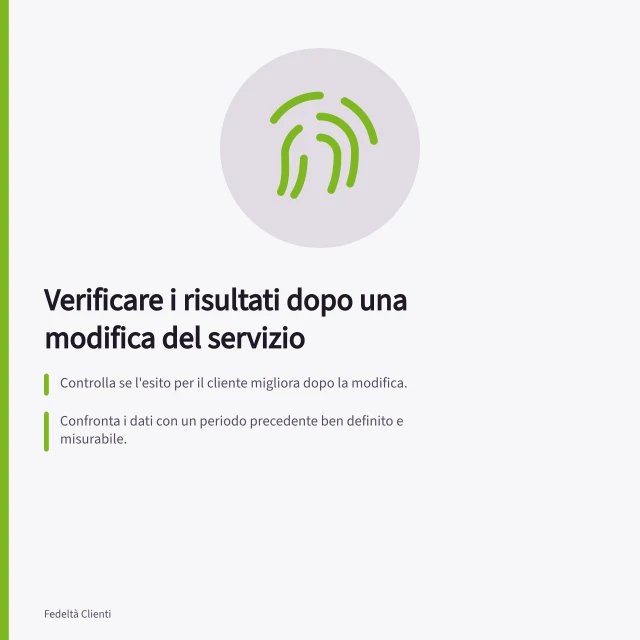 Verificare i risultati dopo una modifica del servizio: Controlla se l'esito per il cliente migliora dopo la modifica.; Confronta i dati con un periodo precedente ben definito e misurabile.; Usa indicatori chiari come quota di richieste completate correttamente e riaperture. Verificare i risultati dopo una modifica del servizio